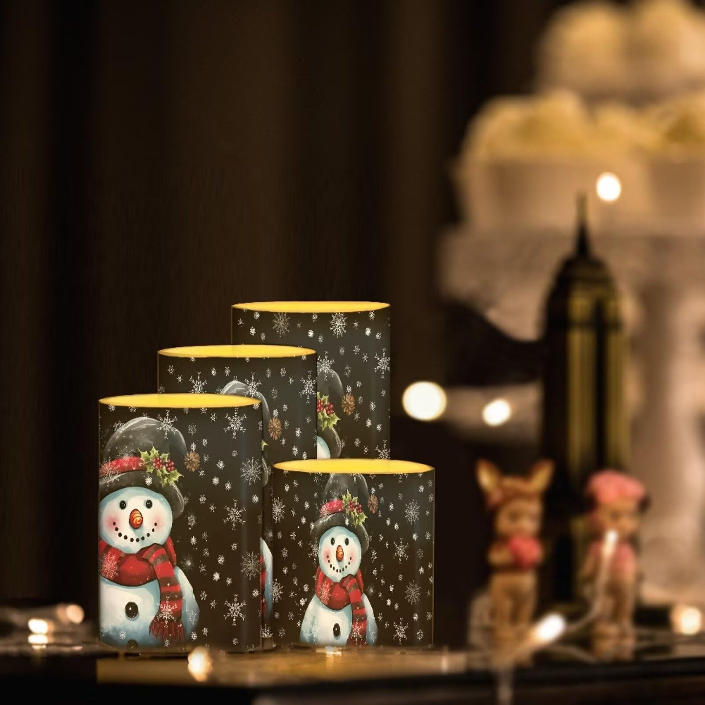 NETILGEN Christmas Day 4 Pcs Flameless Candles Battery Powered with Multicolor Lights Timer Remote Control LED Candles Cartoon Snowman Print