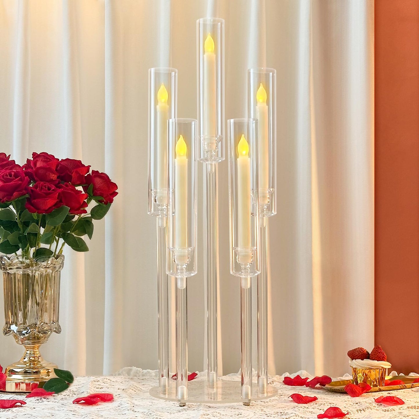 DIWNELEM 4Pcs Acrylic Candelabra Centerpieces for Wedding 5 Arm Clear Candle Candlesticks Holders 25.5" Tall Crystal Taper Candlestick with Shade Fit 0.87'' Led Candle for Christmas Party Home Decor