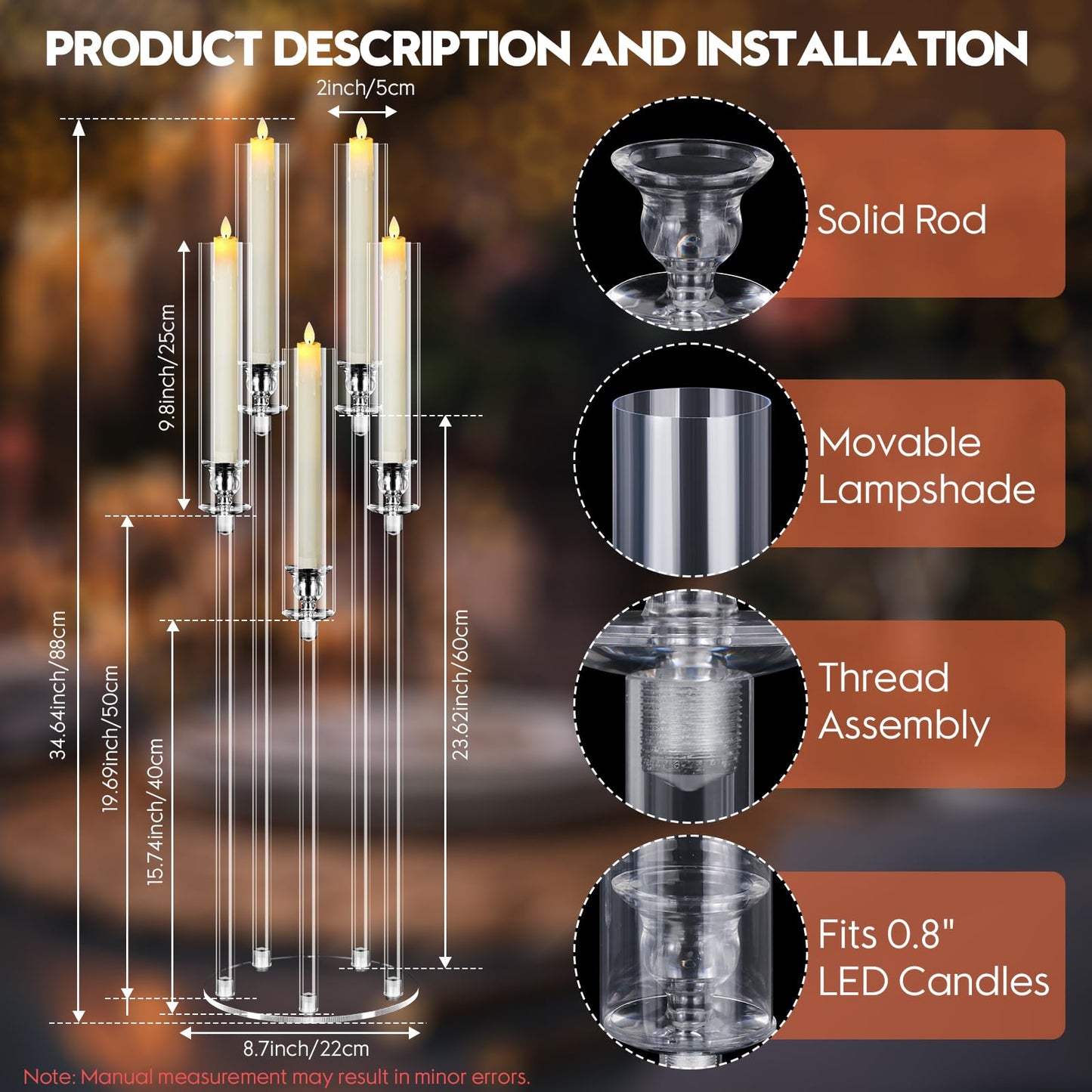 2 Set 5 Arm Acrylic Candle Holder, Mjkeomo 34.6'' Tall Candelabra Centerpieces for Tables Clear Candlesticks Holder with Lampshade for Housewarming Gift Fireplace Dinner Decor Fit 0.87'' LED Candle
