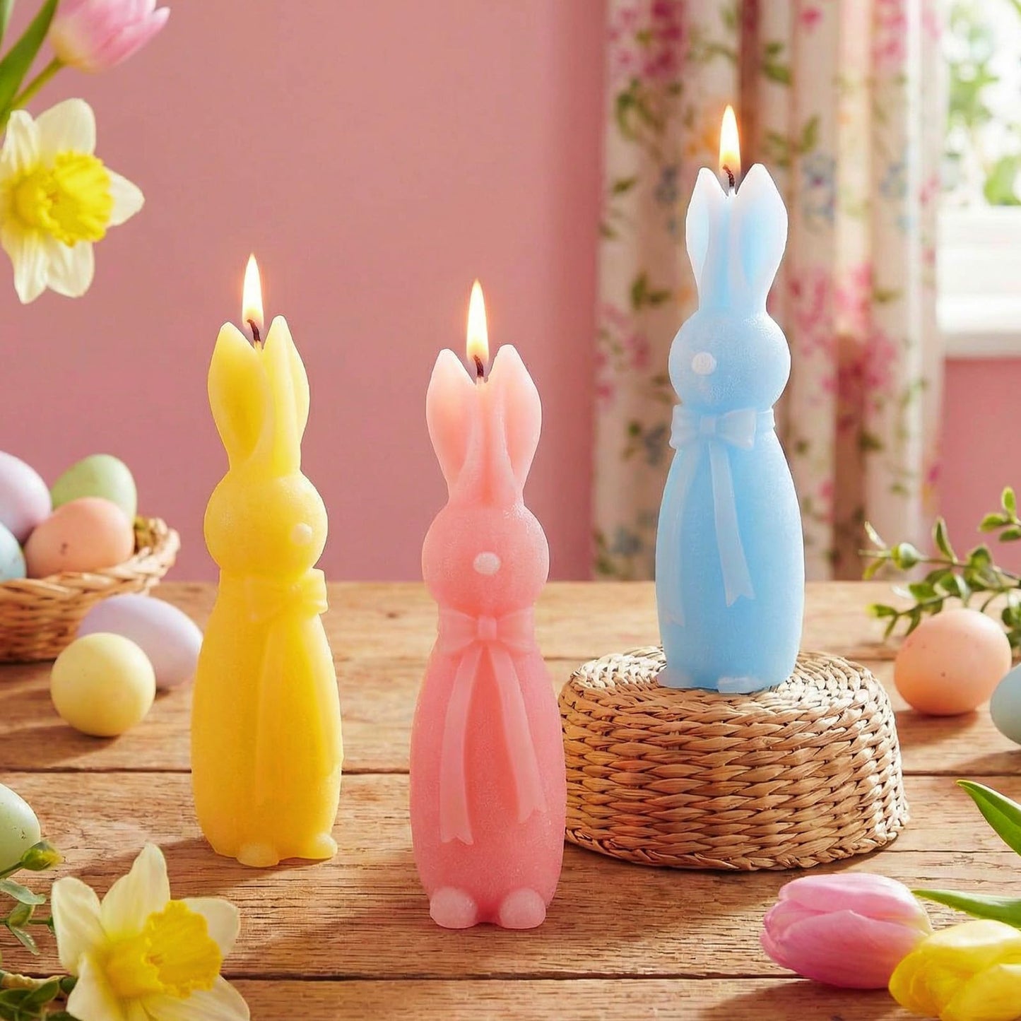 Lounsweer 3 Pcs Easter Bunny Candle Scented 5.7 Inch Pastel Mini Rabbit Shaped Votive Easter Flower & Fruit Scented Pillar Candle for Home Table Shelf Living Bedroom Party Gifts, Macaron Color