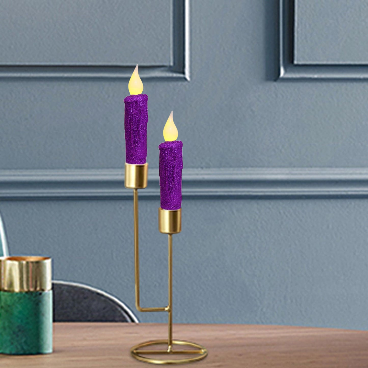 CVHOMEDECO. Glitter Flameless Candles Flickering Battery Operated LED Taper Candles with Timer for Home, Wedding, Halloween, Christmas Decor. Purple, 4-3/4 Inch, Set of 2