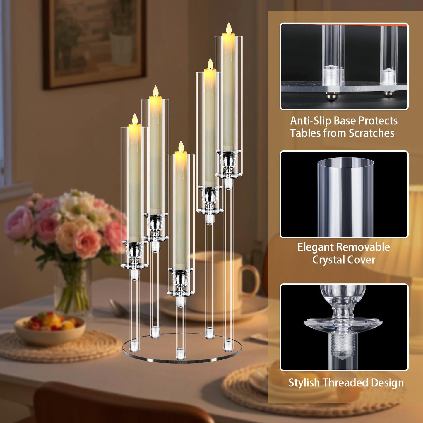 Cheloment 6 Sets 5 Arms Acrylic Candelabra Centerpieces for Tables, 23" Clear Candle Holder for Wedding Dinner Party and Home Decor,Candlesticks Holder with LED Candles