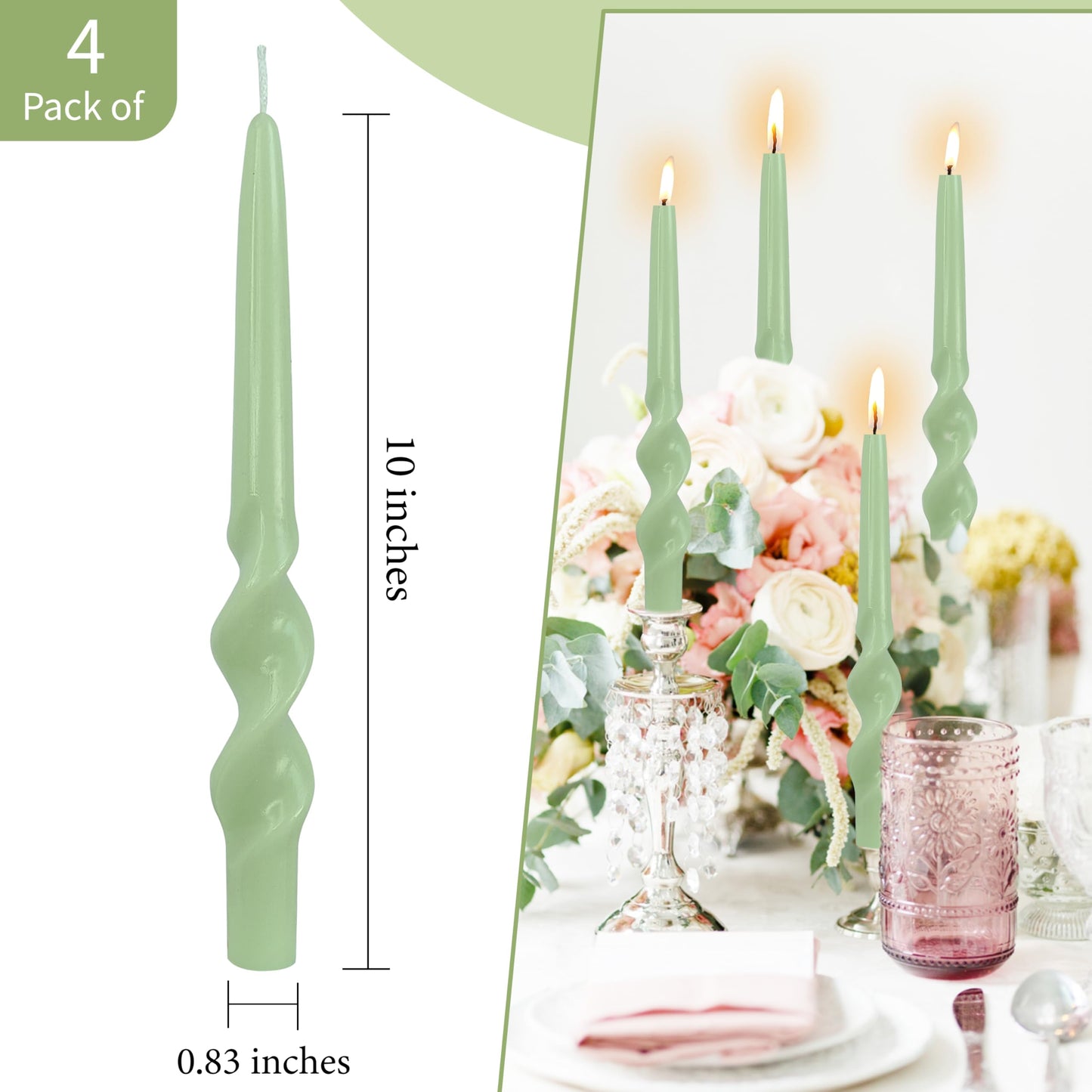 4 Pack Green Spiral Taper Candles Unscented Tapered Candles Twisted Candle 10 Inch Smokeless Tall Candlesticks for Weddings Dinner Parties Home Decor