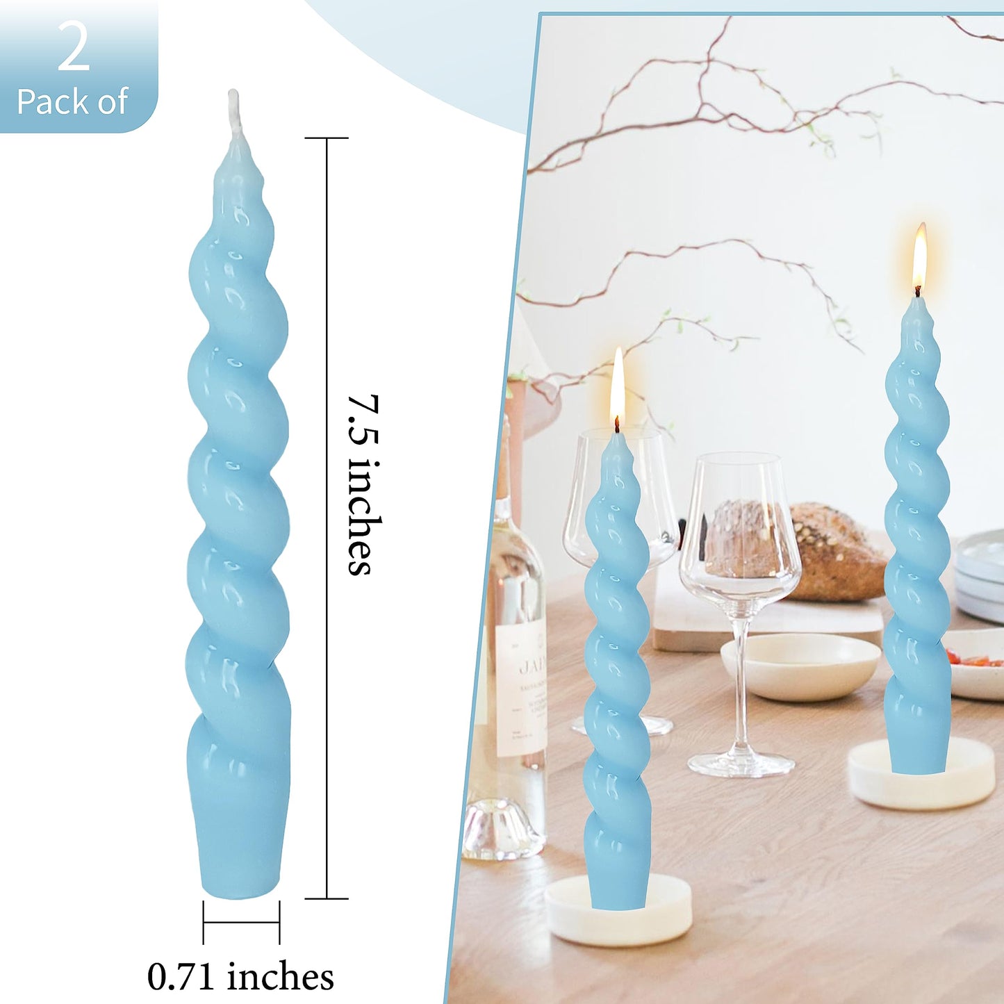 Spiral Taper Candlesticks Blue Candles Stick Twisted Candles H 7.5inch Wax Unscented Dinner Candle Dripless for Home Decor, Relaxation & All Occasions(Blue)