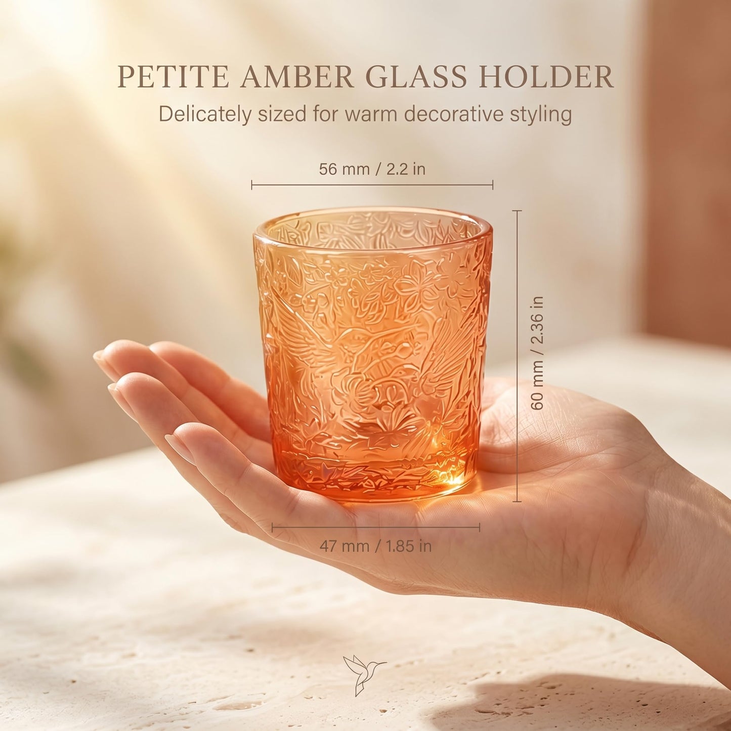 12 Pack Hummingbird Embossed Glass Candle Holders – Votive Tealight Holders with Patent Design, Decorative Embossed Glass Cups for Wedding Centerpieces, Parties, and Home Décor (Pumpkin Spice)