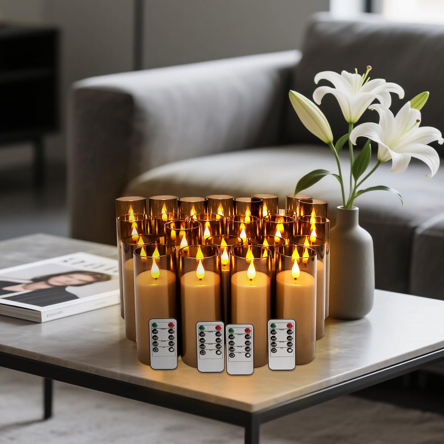 YOROXRG Halloween Decoration Flickering Flameless Candles Battery Operated Timer Led Pillar Candles with Realistic Moving Wick Candles for Home Decor 24 Pack (D2.2 xH 5" 6" 7")(Grey)