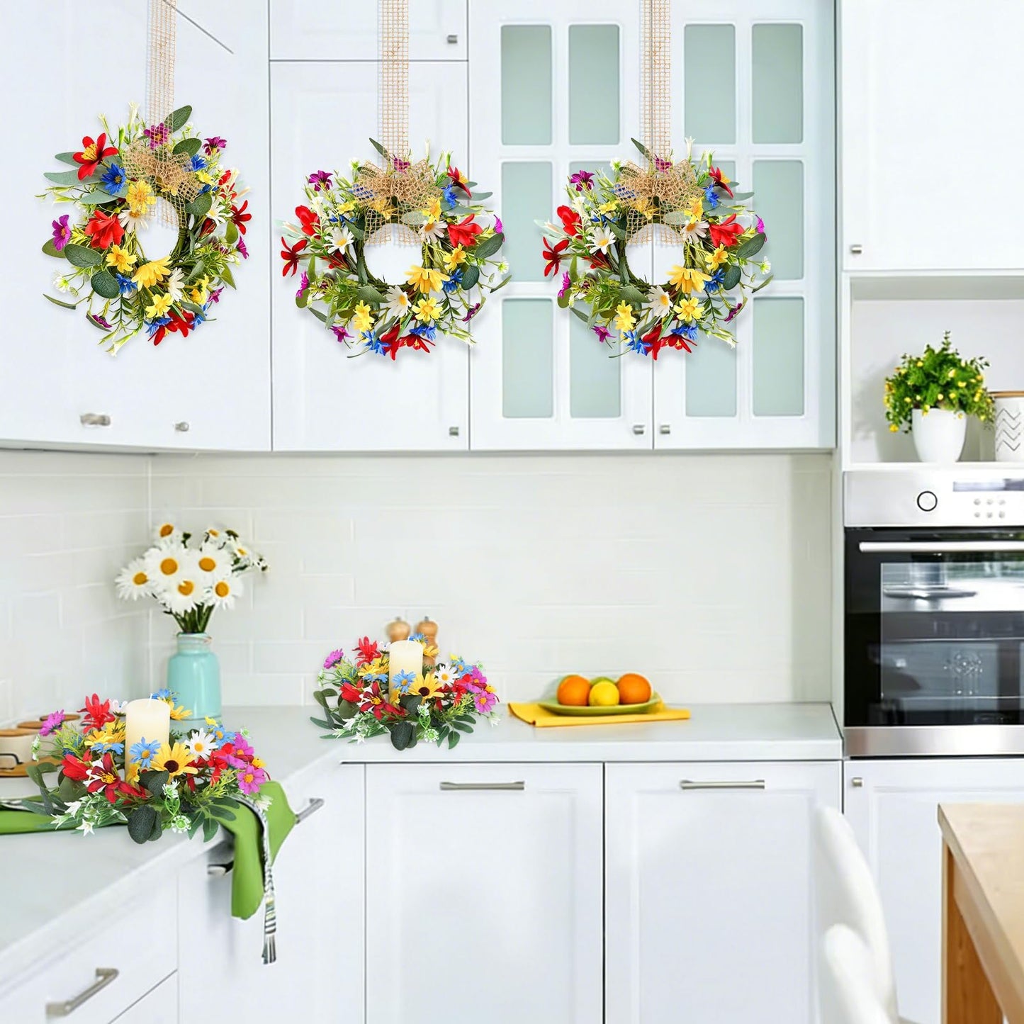 6 PCS Spring Summer Artificial Floral Candle Rings Wreath Sunflowers Daisy Forsythia Candle Rings Pillar Holder Wreath Mini Eucalyptus Candle Wreaths Kitchen Cabinet Swags for Home Tabletop Decor