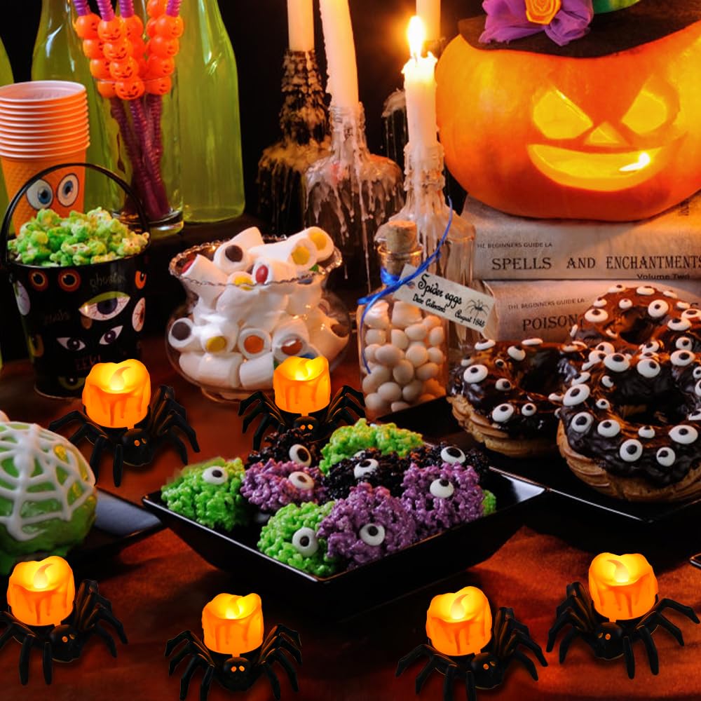 Vellibring 6PCS Halloween Spider Tea Lights Decoration, Halloween Flameless LED Candle Holder Lights Battery Operated for Halloween Party Table Home Spooky Decor (Orange)