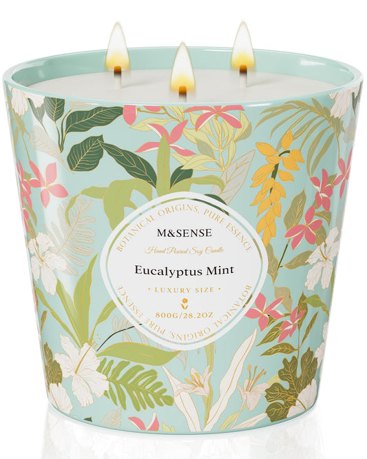 M&SENSE Eucalyptus & Mint Scented Candle, 28.2oz 3 Wick Natural Soy Wax Large Candles, Long Lasting Clean Slow Burning No Toxic Décor for Home Relaxation, Romantic Dates Gift-Giving