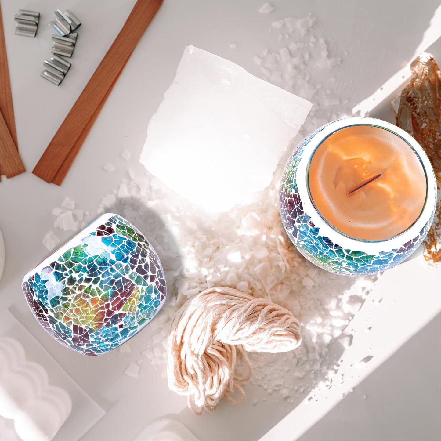 Scented Candle Holder Mosaic Glass Tea Light Holder,Handmade Romantic Glass Tealight Candle Holder for Aromatherapy,Party Décor(NO Candles),Also Used as Vase,Pen Holder,Potted Plants Bowl (Rainbow)