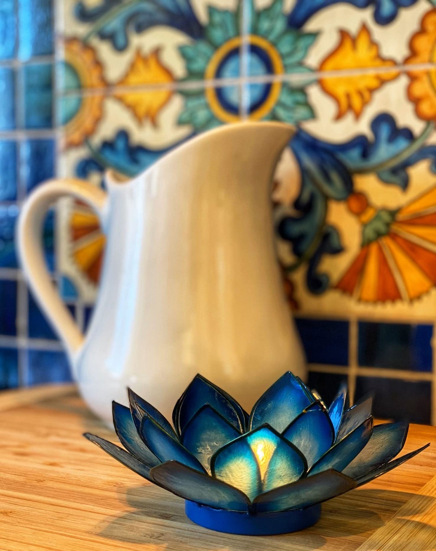 Om Gallery Capiz Shell Lotus Flower Decor Tealight Candle Holder for Serene Ambiance - Handmade Decorative Candle Holders for Meditation, Yoga, and Relaxation, Blue Lagoon