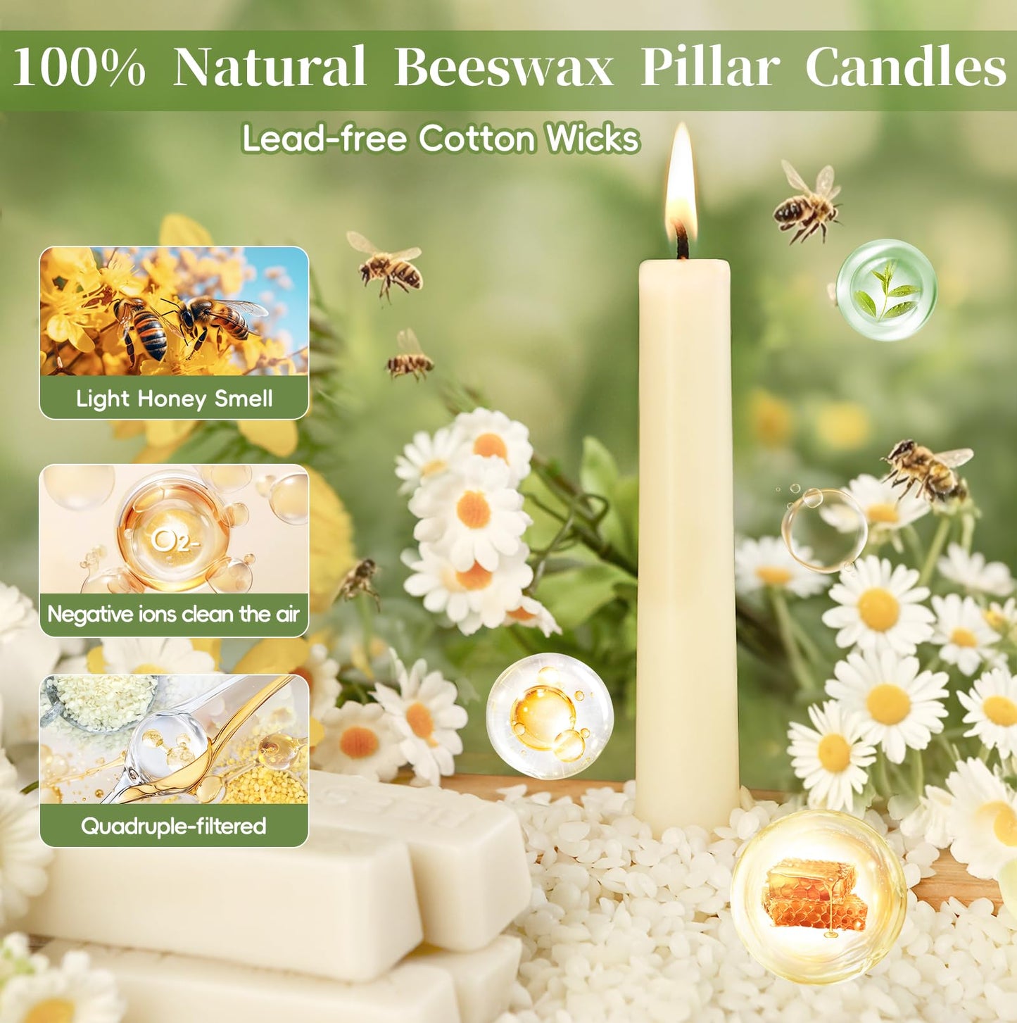9 in Beeswax Taper Candles,6 Pack Dripless Pure White Beeswax Candle Sticks,10 Hours Long Burning Natural Bees Wax Candles for Home,Unscented Smokeless Tapered Candlesticks for Dinner