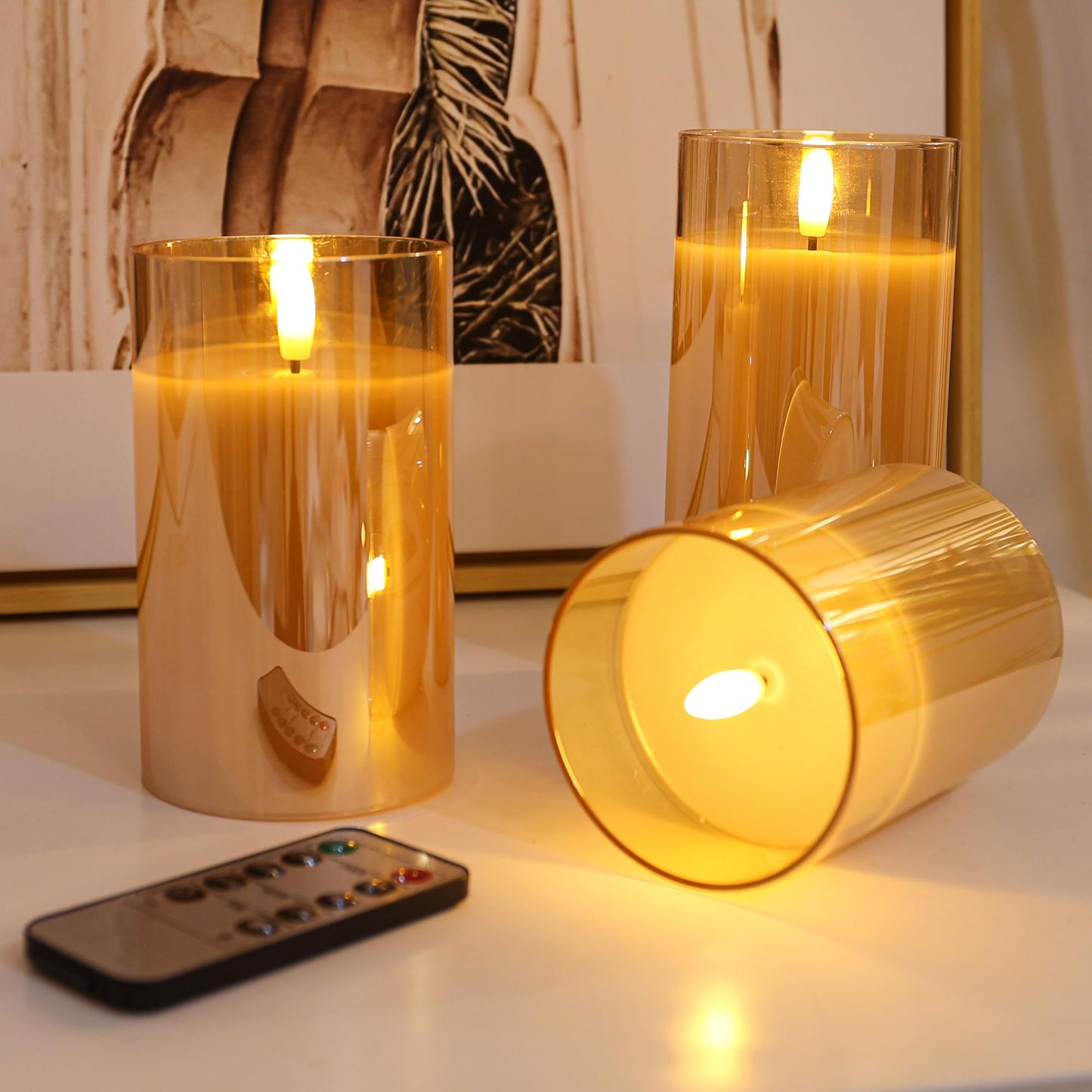 LUSHARBOR LUSHABOR Flameless Candles with Remote, 3 Pack Glass Battery Operated Candles with Timer, Real Wax Glass LED Candles Flickering Wedding Home Party Christmas D3 H4 5" 6" Gold