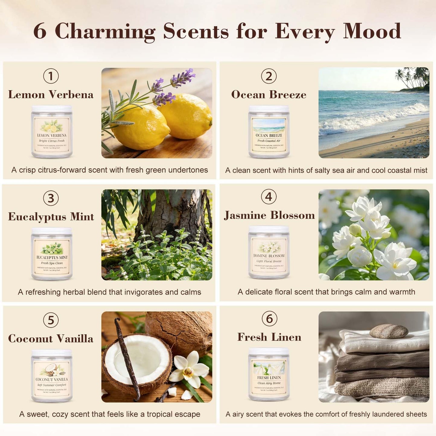 Scented Candle Gift Set, 6 Pack 7oz Natural Soy Wax Aromatherapy Candles, Coconut Vanilla Lemon Verbena Fresh Linen Scents, Long Burning Candles for Home Relaxation & Gifting
