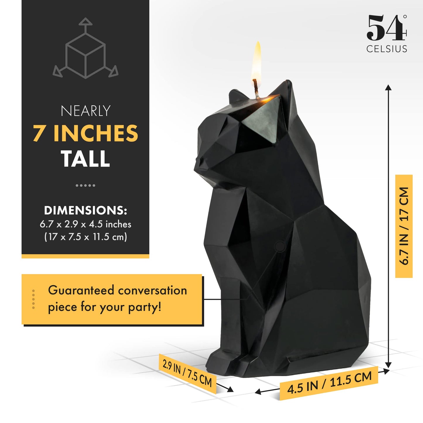 Pyropet Kisa Cat Candle with Skeleton Inside, Black, 20 to 25 Hour Burn, 6.7 x 2.9 x 4.5 in Sculptural Geometric Kitty and Creepy Cute Décor, Unique Melting Christmas Gift for Cat Lovers