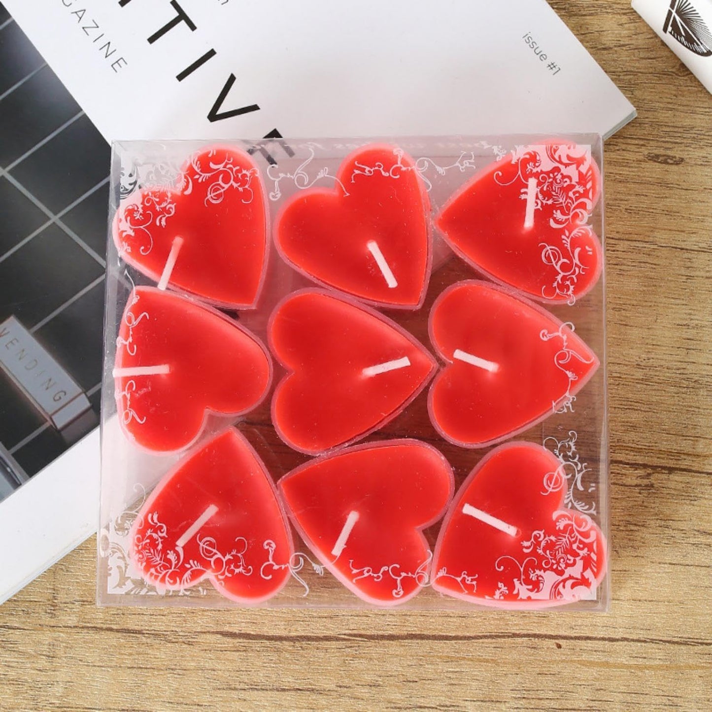 Tea Candles Heart Romantic Candle Small Sweet Wedding Party and Home 1.5-2 Hours Extended Burn Time Votive Parties Tealight Wishing Bulk Birthday Halloween Emergency Family 9 Pack (Red)