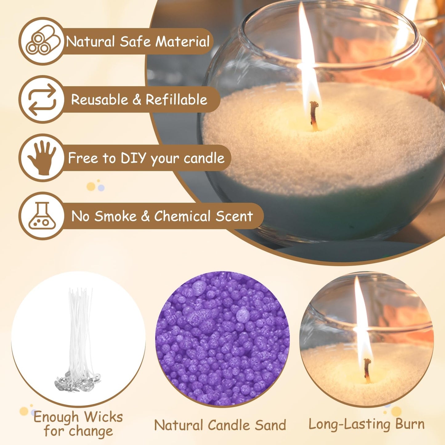 MECCANIXITY Pearled Sand Candles with 30 Pcs Wicks 14Oz / 400g Candle Beads Refillable Powder Sand Wax Making Kit for Thanksgiving Christmas Wedding Party DIY Home Crafts, Purple