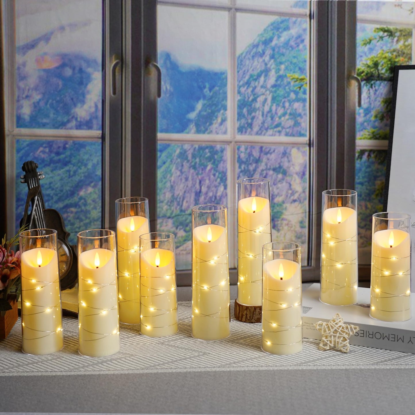 Eebuss Flameless Candles with Embedded Star String, Battery Operated LED Pillar Candles with Timer and Remote Control,Home Decorating for Ambiance， Set of 9 (Ivory)