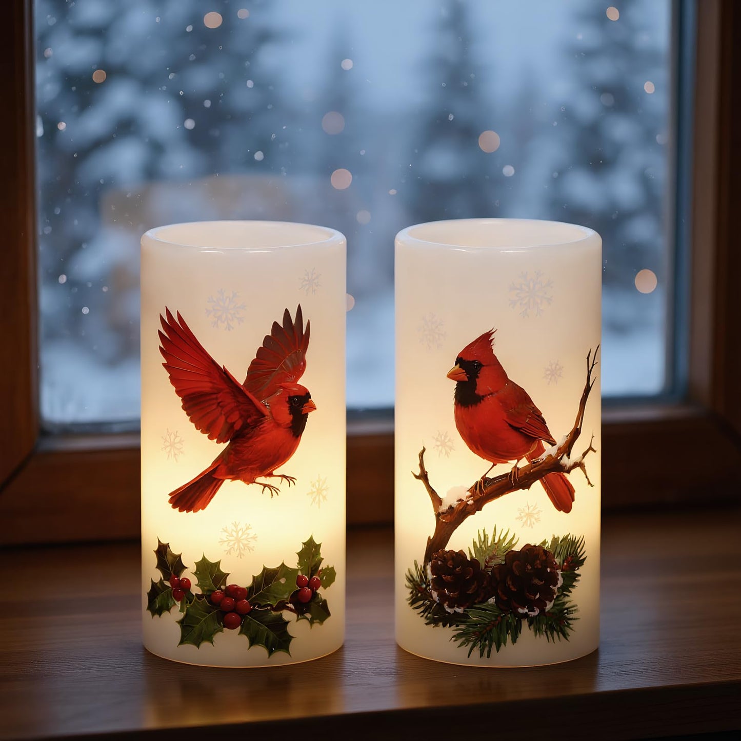 Lasumora Christmas Cardinal Flameless Pillar Candles with Remote Timer, LED Candles in Real Wax Holder, Battery Operated Candle for Christmas Décor Indoor Xmas Gifts(2 Pack, 3” x 6”)