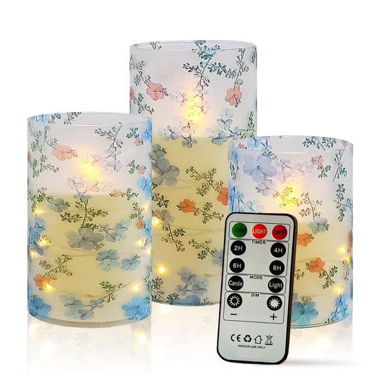 Flickering Flameless Candles Vintage Blue Floral Print, Embedded Star String Lights, Battery Operated Acrylic LED Pillar Candles with 11-Key Remote and Timer for Home Decoration, 3 Pack