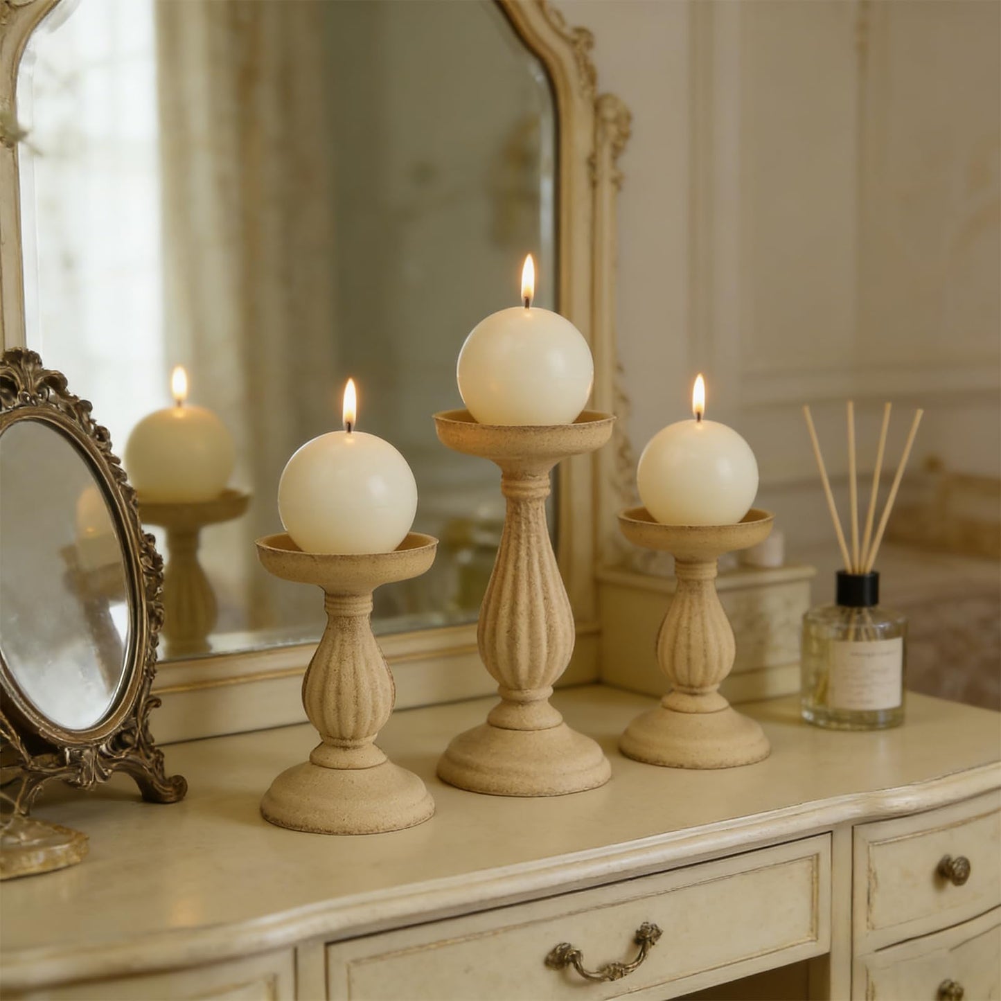 Ivory Ball Pillar Candles Set of 3 – 3" Unscented Round Sphere Candles, Hand-Poured for Weddings, Home Decor & Centerpieces, 40-Hour Dripless Burn