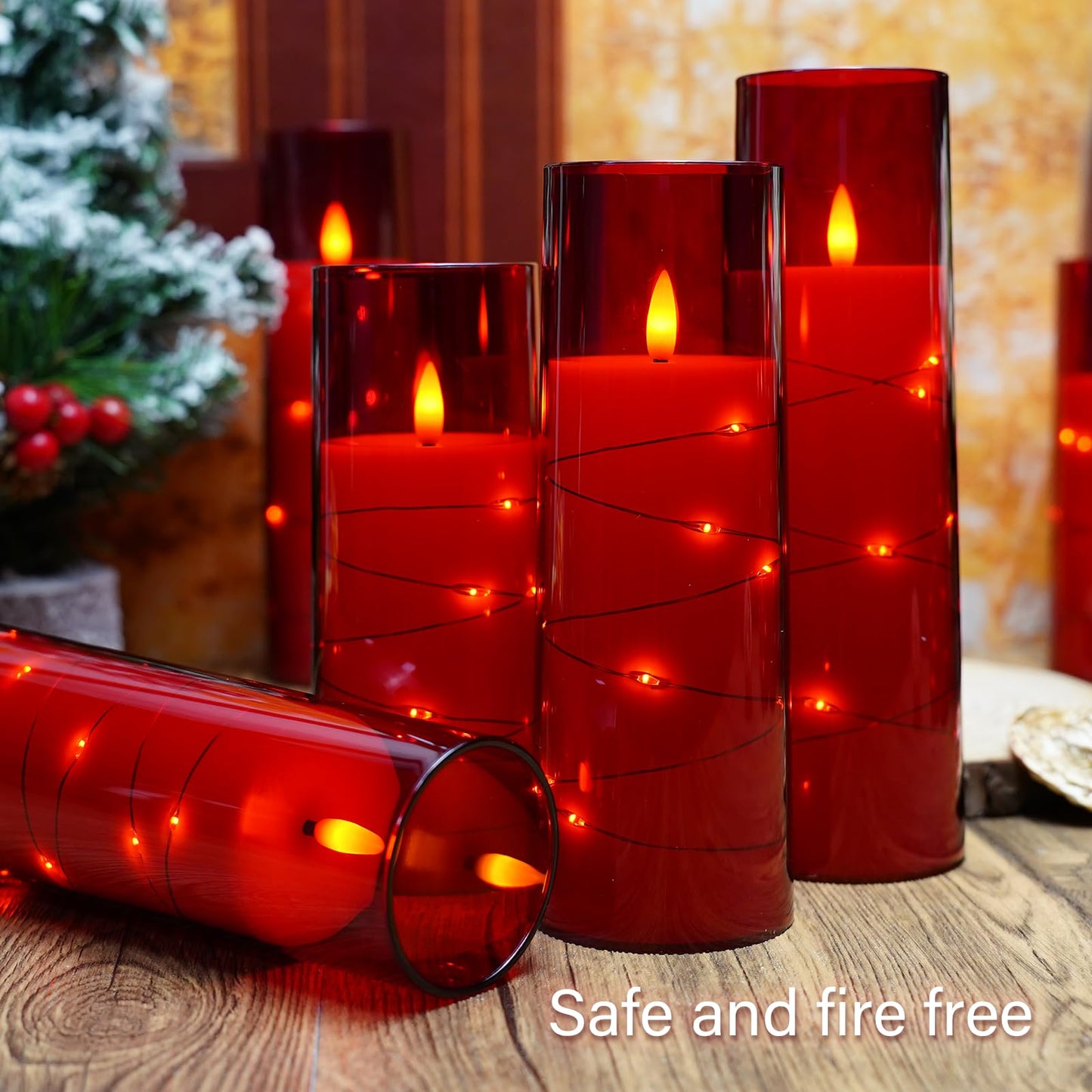 kakoya Flameless LED Candles with Timer 9 Pc Flickering Flameless Candles for Romantic Ambiance and Home Decoration Stable Acrylic Shell,with Embedded Star String，Battery Operated Candles（Red）