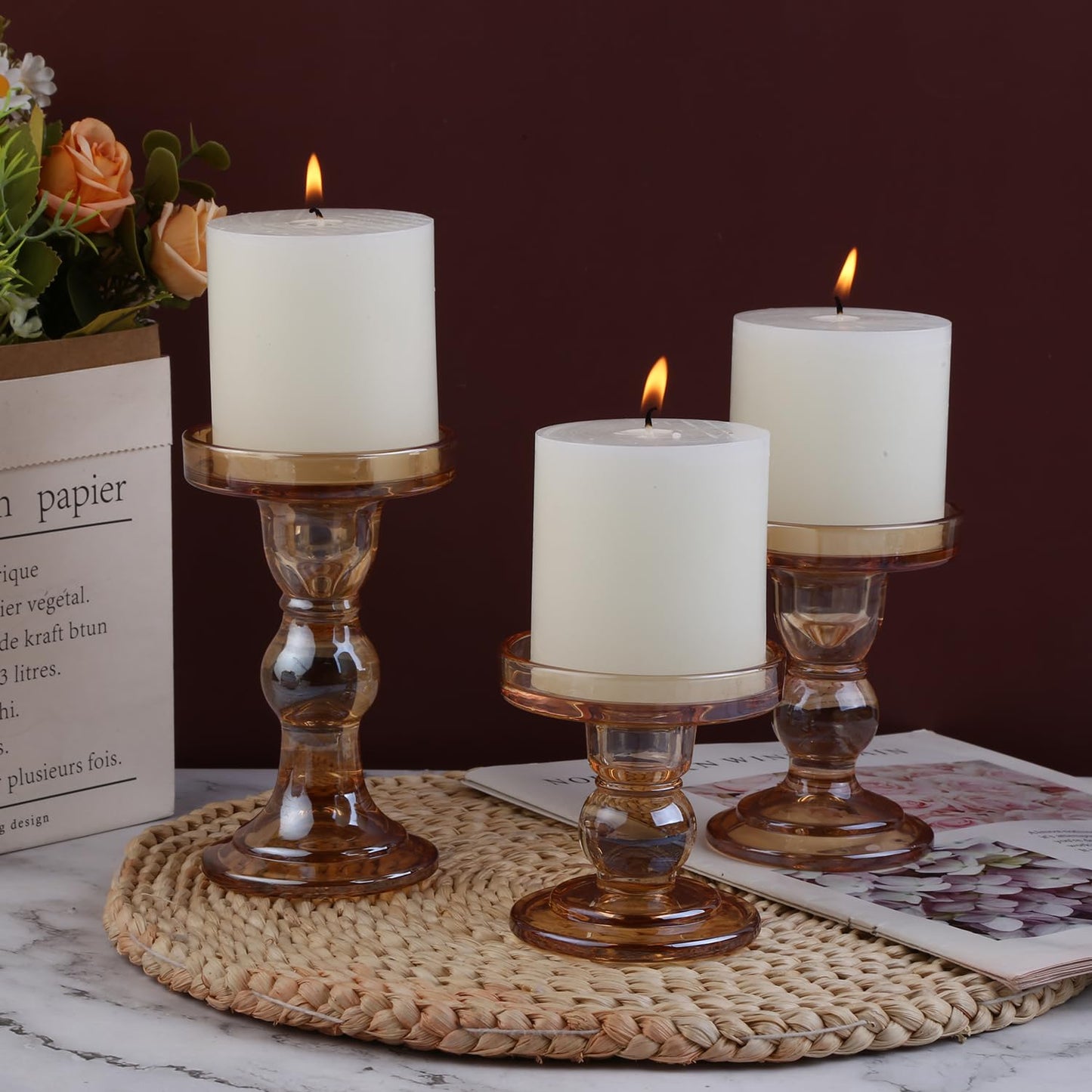 BTGLLAS 6-Piece Set of Amber Glass Candlestick, Crystal Candlestick Holder Holder and Conical Candle, Christmas Candle Holder Decoration, Family Living Room Wedding Candle Holder (Amber 2sets)