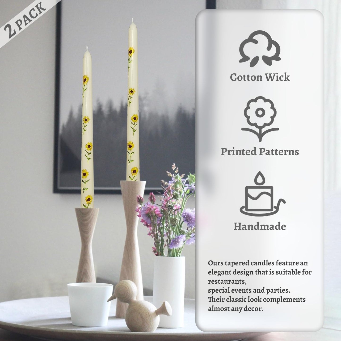Floral Taper Candles 10 Inch Tall Unscented Handmade Beige Sunflower Print Candles Long Burning Elegant Candlesticks for Wedding Dinner Home Decor