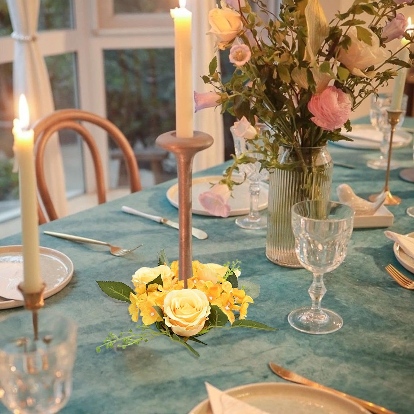 2PCS Artificial Roses Candle Rings Wreaths 4 Inch Center for Pillars Wedding Centerpiece Table Decorations Fake Rose Eucalyptus Leaves Floral Candle Ring for Holiday Party Supplies (Yellow)