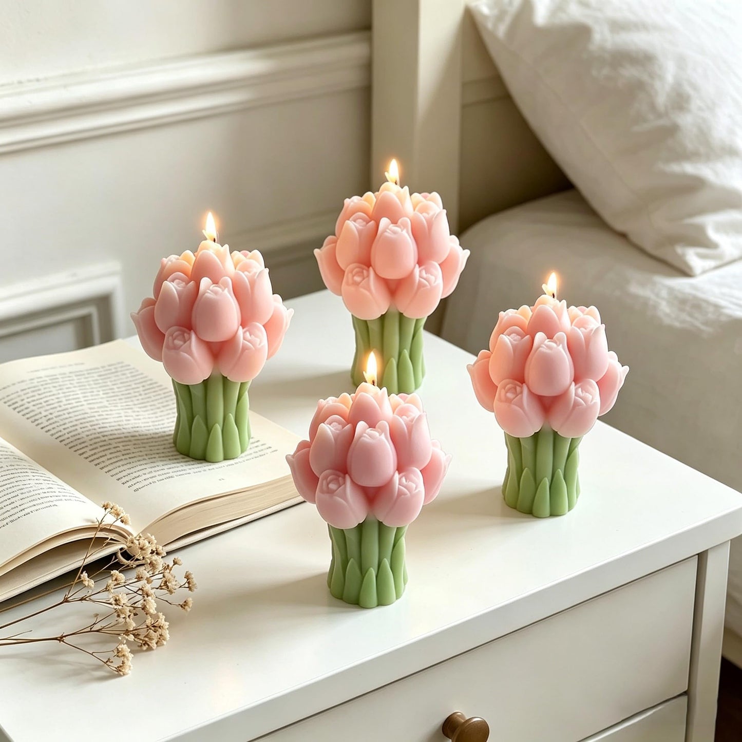 Scented Candles Set for Women Mom,4 Pack Aromatic Tulip Bouquet-Shaped Candle Ornament for Home, Pink Soy Candles for Living Room and Bedroom, Birthday Bridesmaid Gift Valentines Day Candle