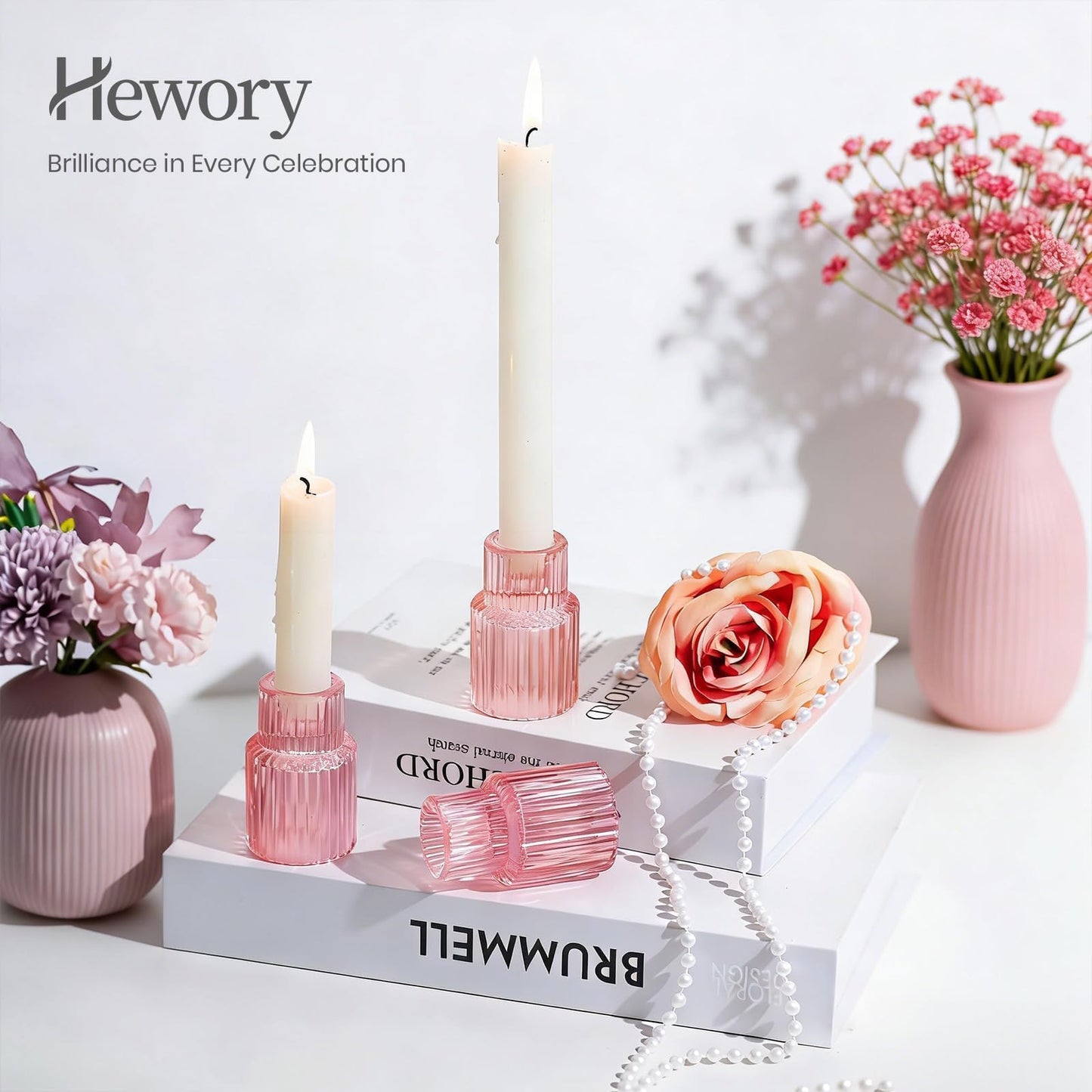 Hewory Glass Pink Candle Holder: 2PCS Valentines Taper Candle Holders for Table Centerpiece, Tapered Candlestick Holders for Valentines Day Decorations Gifts Anniversary Wedding Holiday Home Decor
