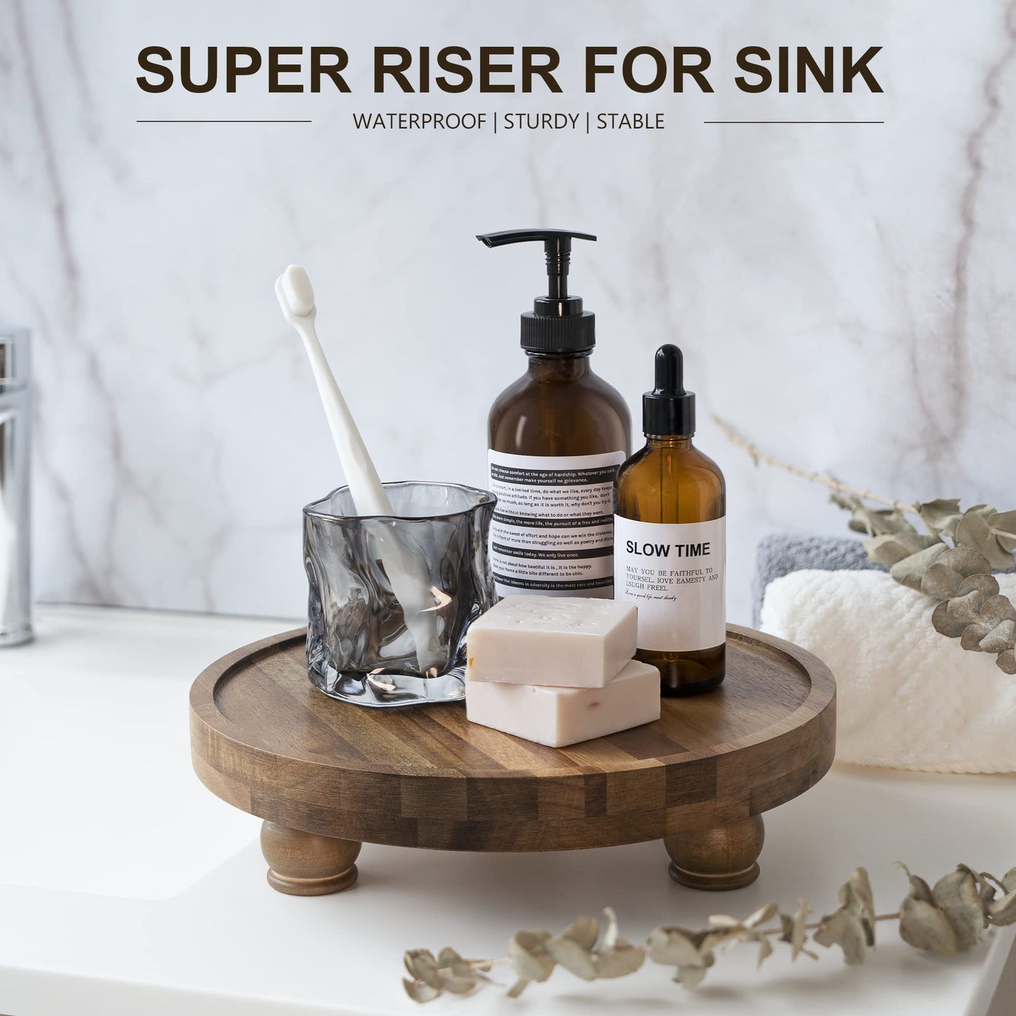 EOSAHR Wooden Riser for Display : Farmhouse Pedestal Stand for Your Kitchen Counter & Home Decor - Chic Round Waterproof Bathroom Trays for Soap, Plants, Jewelry, Perfume (Acacia Wood)