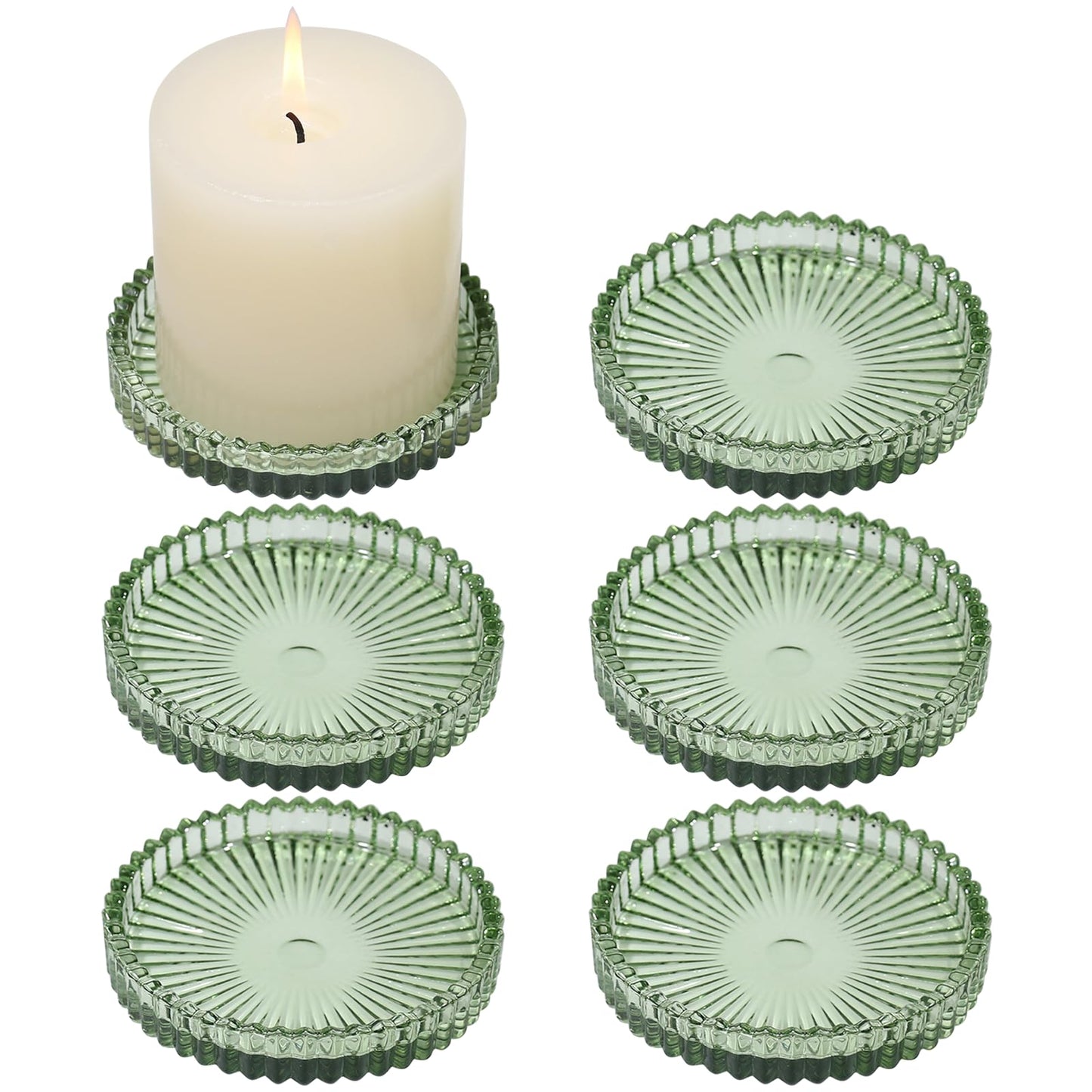 CHOCSTAY Glass Pillar Candle Holder, 4" Green Candle Plates Set of 6, Glass Candle Holders for Wedding, Party, Holiday, Home Decor, Table Centerpiece