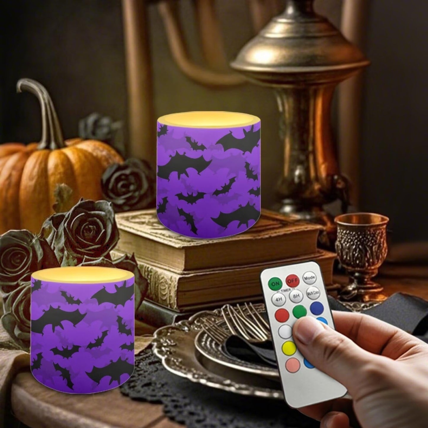 Merkmak Flameless Candles with 18-Key Remote, Halloween Black Bat Battery Operated Candles with Timer 4 Pack Flameless Pillar Tea Lights for Party Banquet Home Decorations