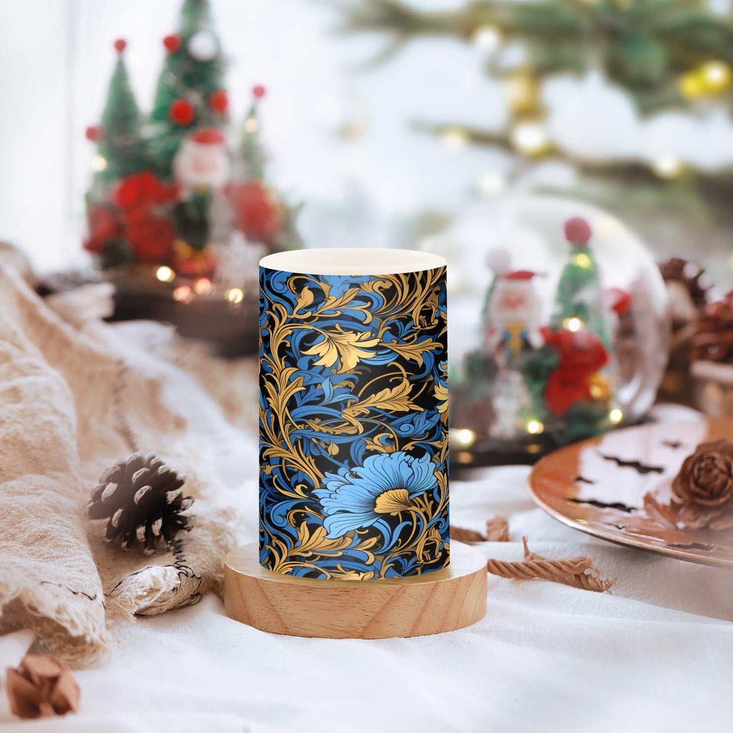 ALAZA Gold Navy Blue Floral01 Flickering Flameless Candles Battery Operated with Remote Timer,Tea Light Candles LED Pillar Votive Candles Set of 2 for Outdoor Indoor Decorations