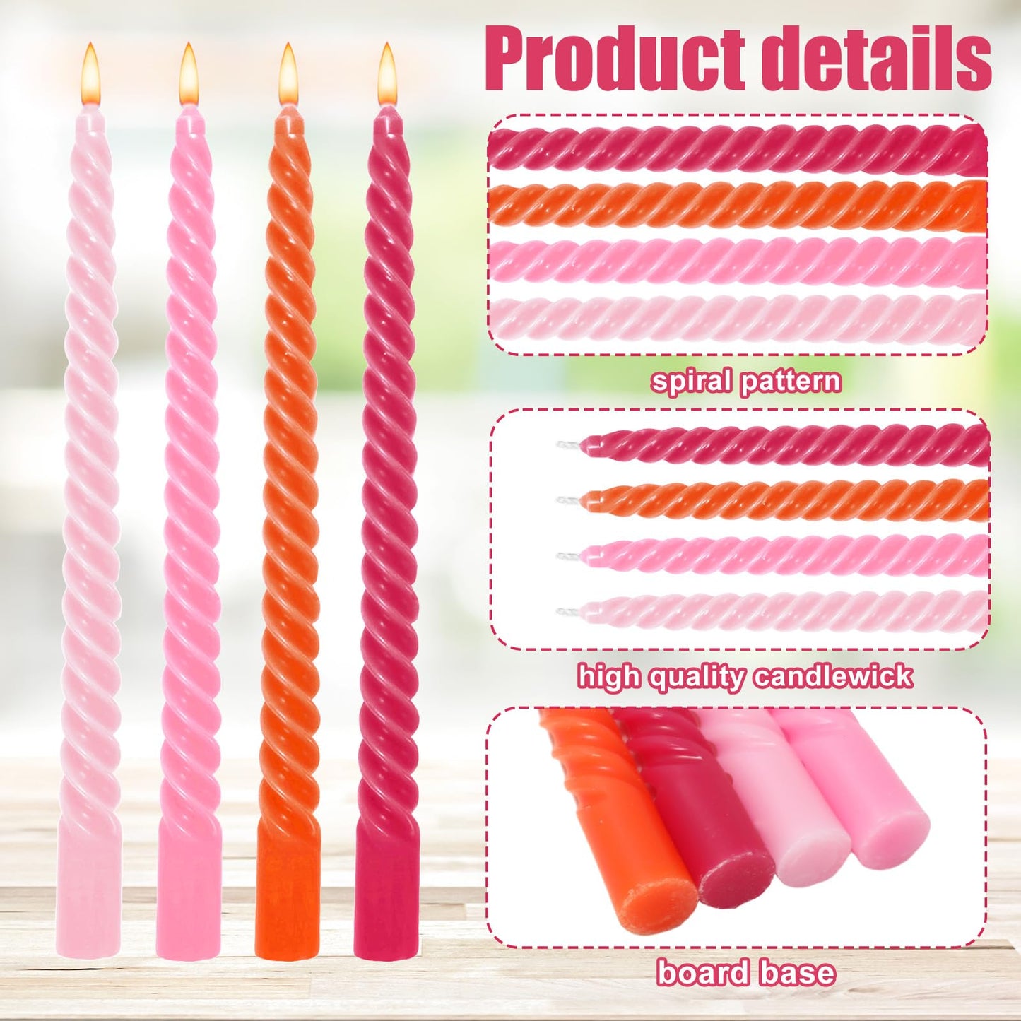 Whaline 8 Pcs Spiral Taper Candles Hot Pink Orange Pink Dripless Twisted Wax Candles 10 Inch Long Unscented Candle Sticks for Summer Fall Baby Shower Wedding Sunset Party Home Dinner Decor