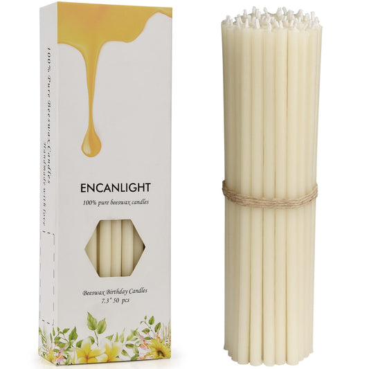 7.3 Inch Natural Pure Beeswax Prayer Candles, 50 Pack Dripless Smokeless, Unscented Devotional Candles for Church, Hanukkah, Christmas, Yoga, Rituals & Daily Prayer