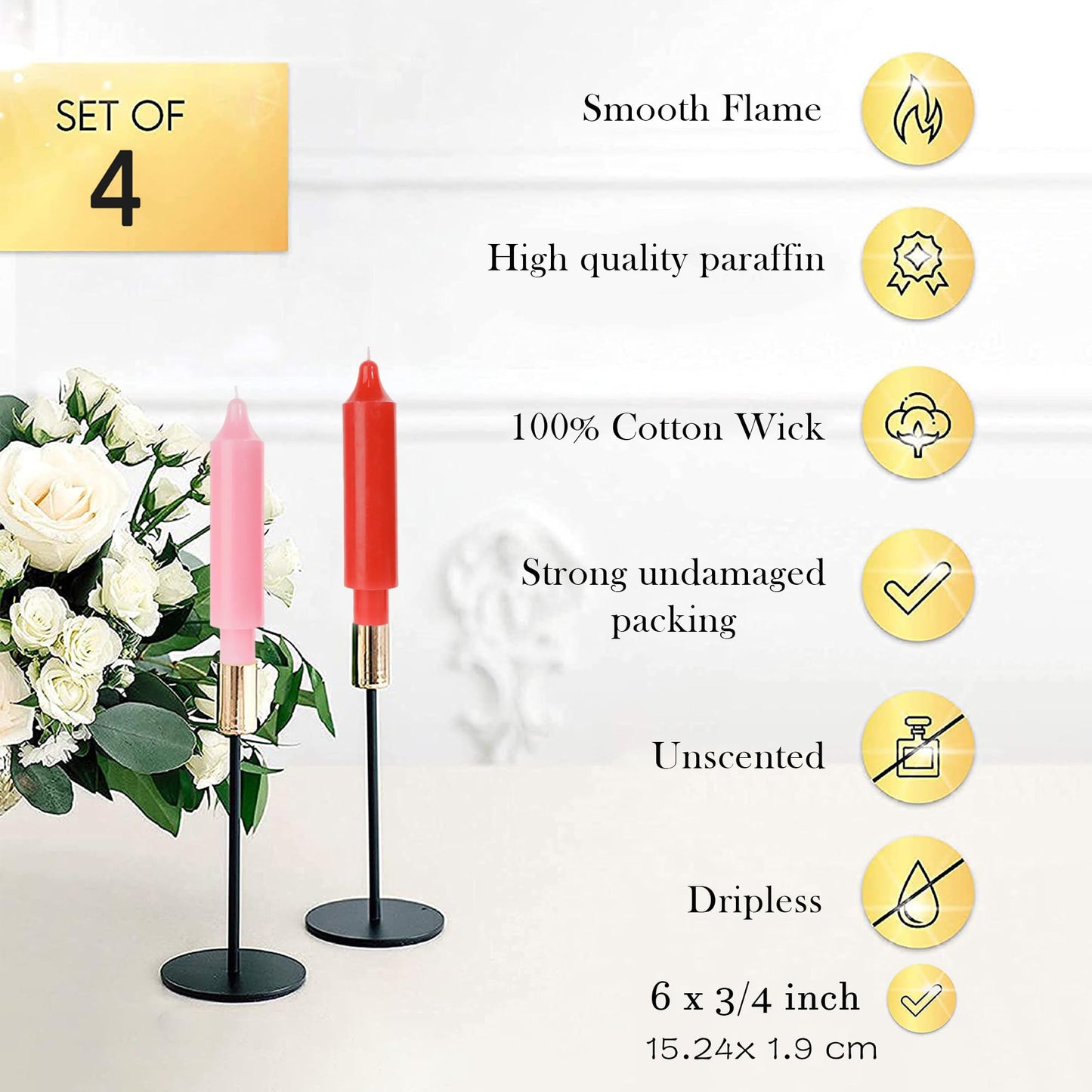 LPUSA Candle Sticks Short Taper Candles 6 inch Unscented Dinner Candle Dripless for Home Decor,Set of 4，Gradient Red
