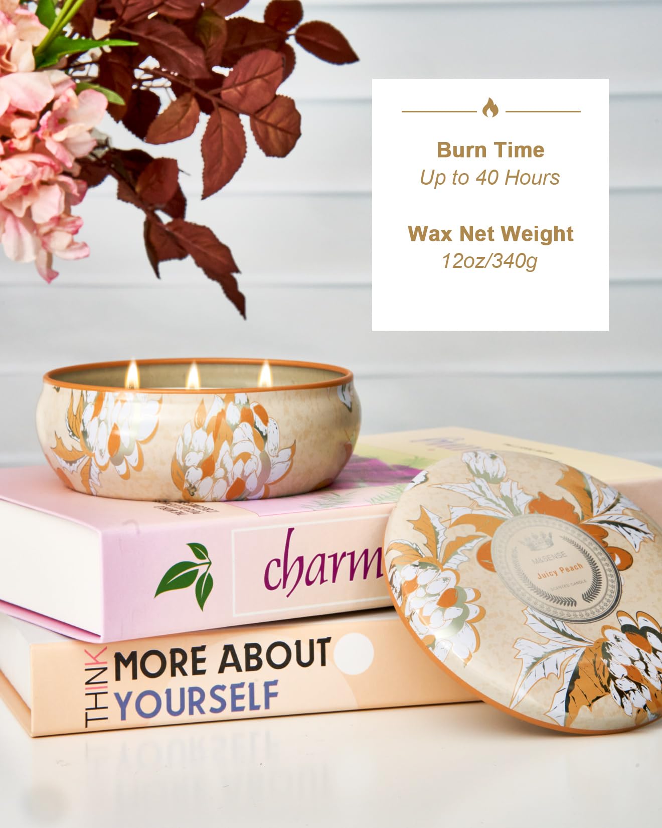 M&SENSE Peach Scented Candles 12oz 40 Hour Long Lasting, 3 Wick Soy Candles for Home Scented, Travel Tin Natural Highly Scented Candle Gift for Women Men