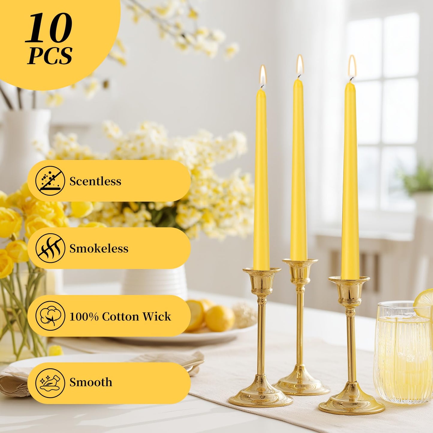 KONNI 0.87×10 Inch Yellow Taper Candles, Unscented and Smokeless Tall Candlesticks, 10 Pack Tapered Candles with Cotton Wicks, Long Burning, Ideal for Weddings, Dinner Parties, and Home Décor