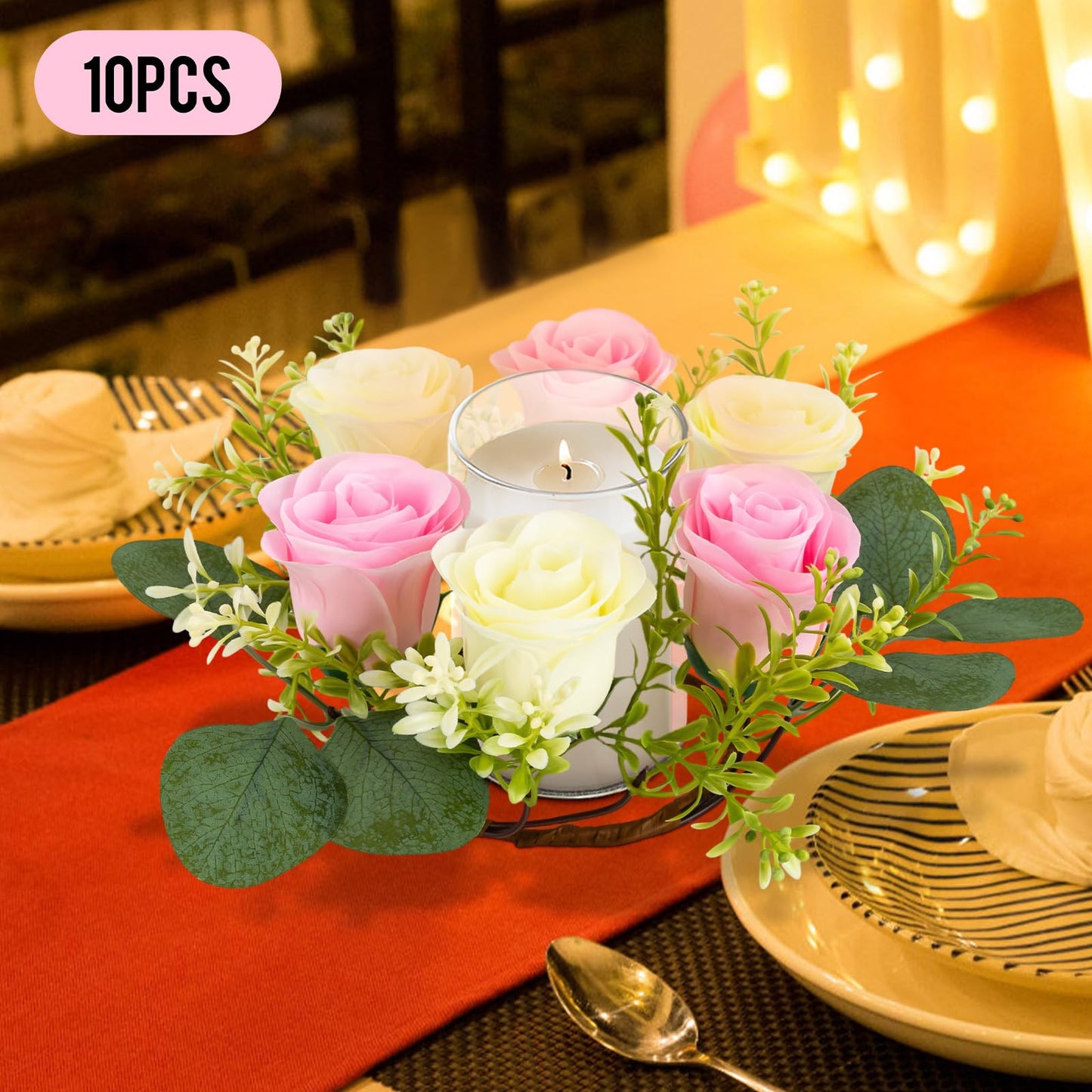 GXFCHYL Artificial Floral Wreaths, 10Pcs Pink, Cream Rose Candle Floral Wreaths 8.27In Artificial Flowers Wedding Centerpieces for Tables