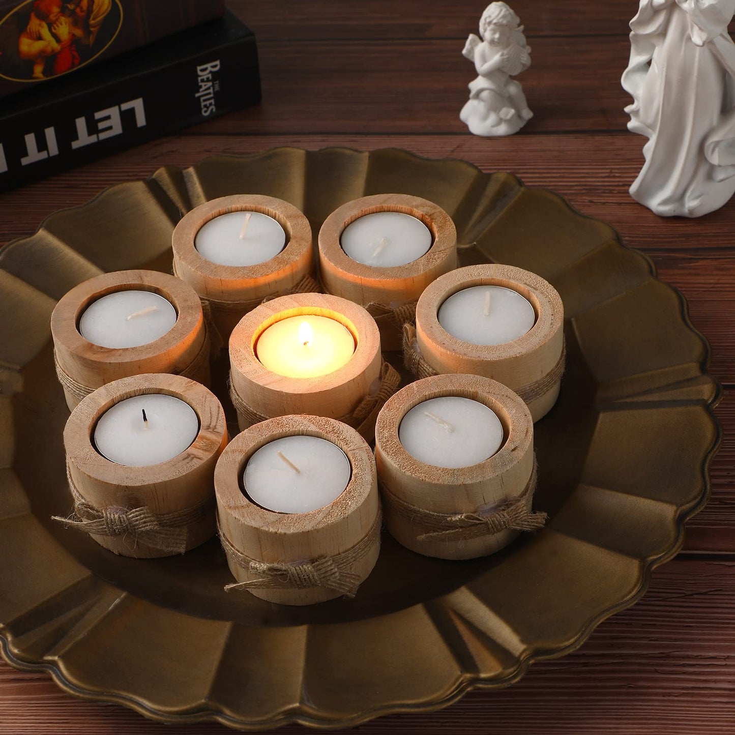 Wooden Tealight Candle Holder and Candles Handmade Votive Tea Light Candles for Rustic Wedding Baby Shower Favors Party Table Centerpieces Birthday Decoration (50 Pcs)