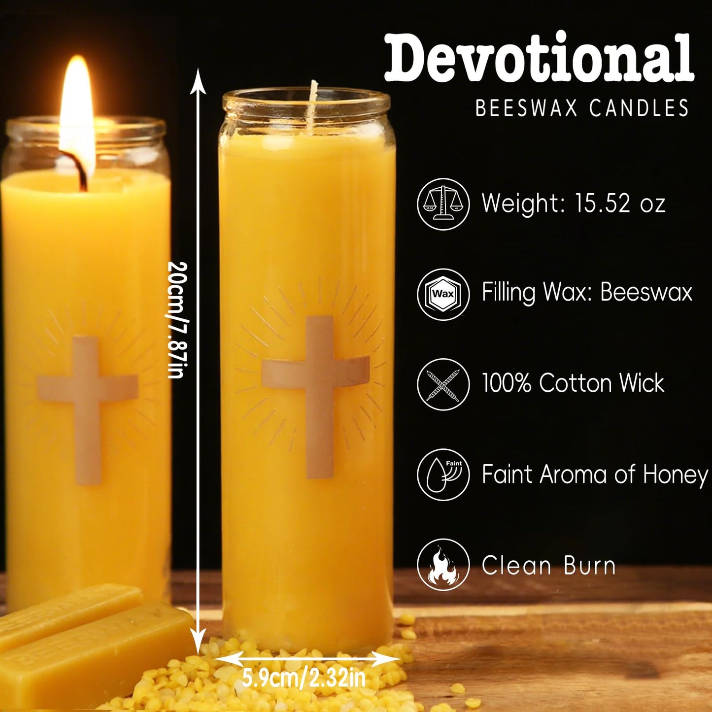 Pure Beeswax Prayer Candles - 7 Day Devotional Candles in Glass with 100 Hours Long Burn Time, Honey Fragrance Religious Candles Catholic for Memorials, Vigil, Church