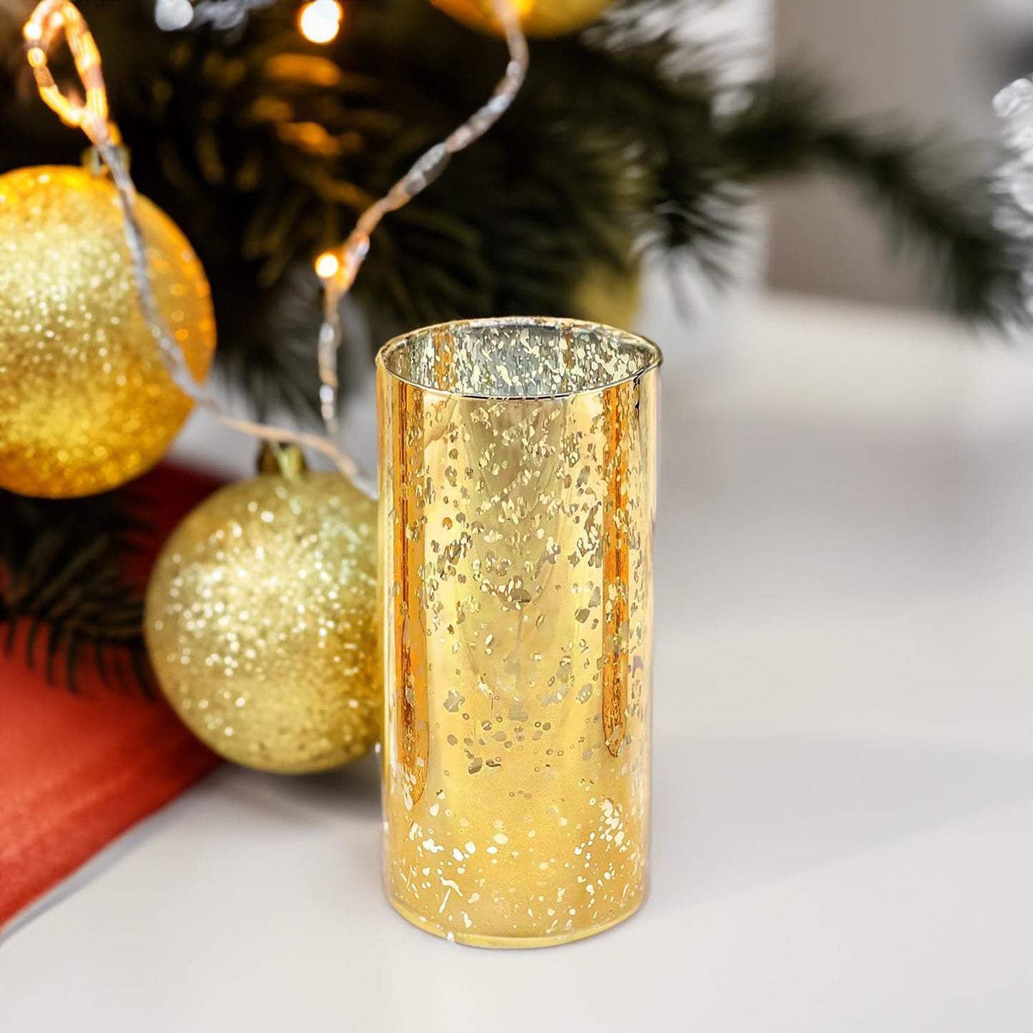 WGVI Hurricane Candle Holder Sleeve, W: 4", Ht: 8", Gold Speckled Glass Cylinder Open Both Ends, Chimney Tube Shade, 1 Piece