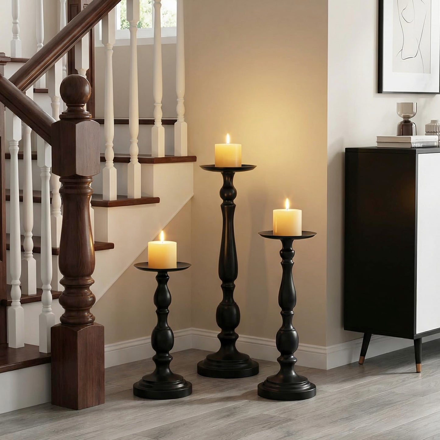 Sziqiqi Pillar Candle Holders Tall - Set of 3 Black Candle Stand for Pillars Large Metal Candleholder Sets Decorative for Christmas Halloween Living Room Easter Entryway