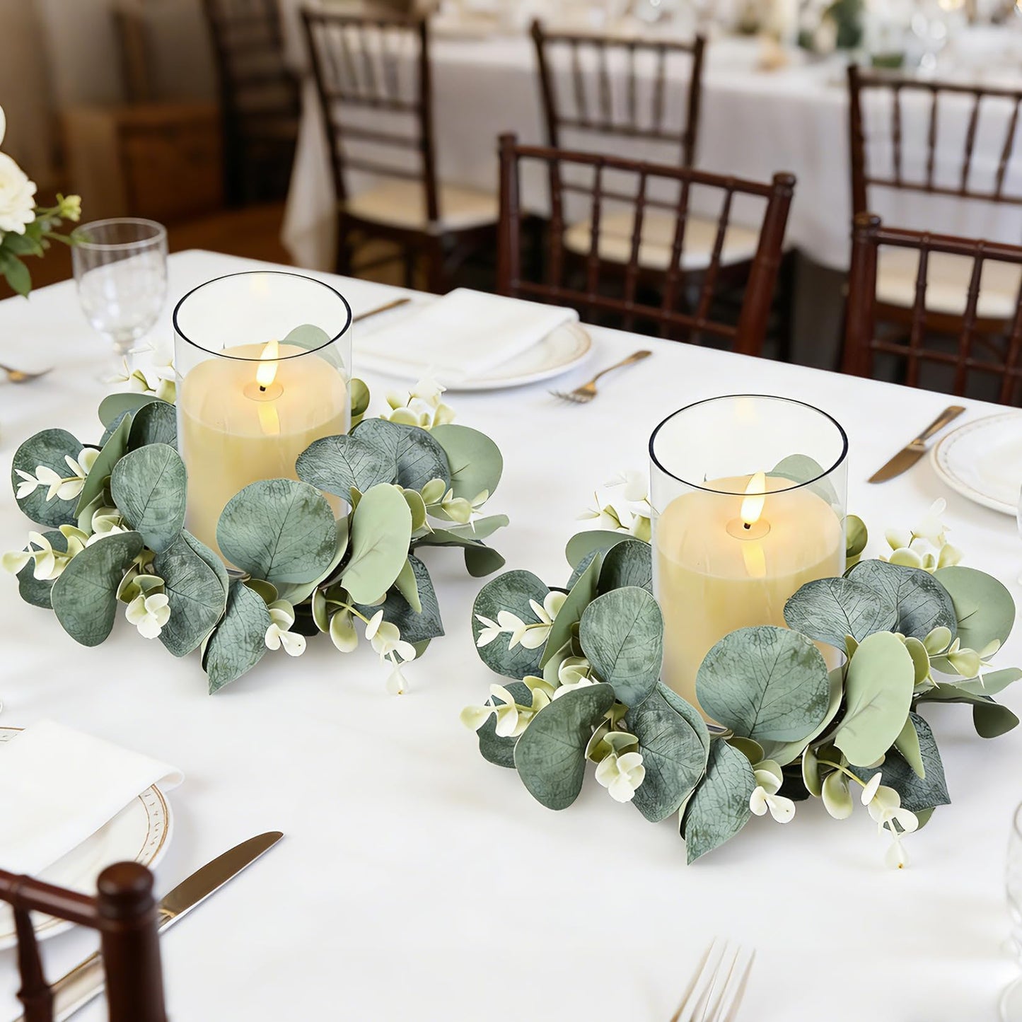 6 Sets LED Candle Rings with Artificial Eucalyptus Wreaths, 4-Inch Center Pillar Candle Holders for Wedding Table Centerpieces, Party Home Decor