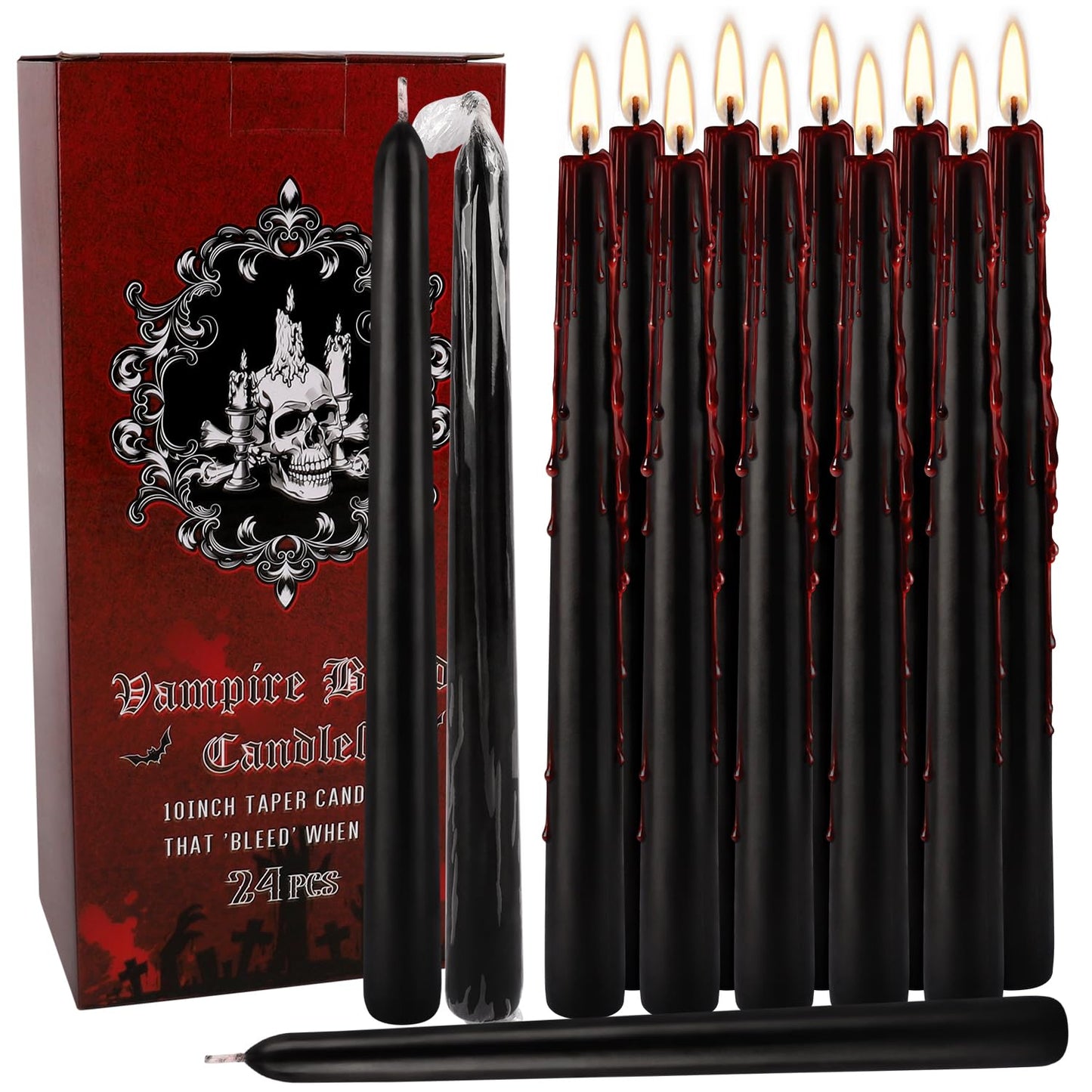 24 Pack Vampire Tears Taper Candles, 10 inch Tall Bleeding Candles, Unscented Black Tapered Candlesticks, Spooky Blood Drip Candle Set for Halloween Party Gothic Home Decorations