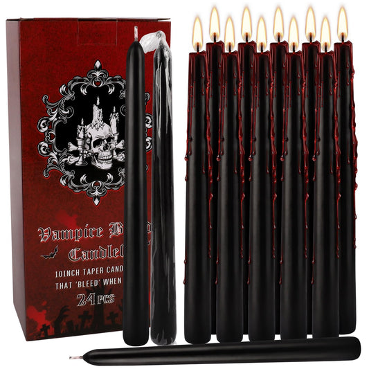 24 Pack Vampire Tears Taper Candles, 10 inch Tall Bleeding Candles, Unscented Black Tapered Candlesticks, Spooky Blood Drip Candle Set for Halloween Party Gothic Home Decorations
