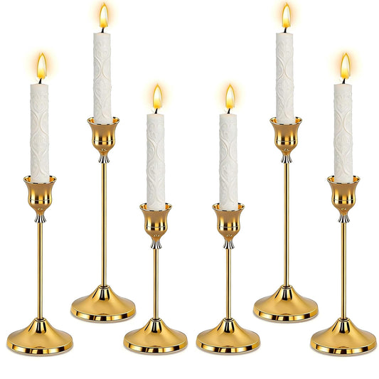 SHDSL Gold Candlestick Holders, Taper Candle Holders, Set of 6, Metal Taper Candle Stick Holders, Vintage Christmas Brass Home Decor for Table, Room Decorations Housewarming