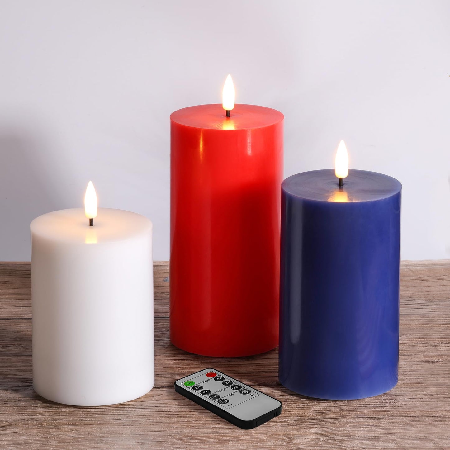 Eywamage Red White Blue Patriotic Flameless Pillar Candles with Remote, Real Wax 4th of July LED Candles Set of 3